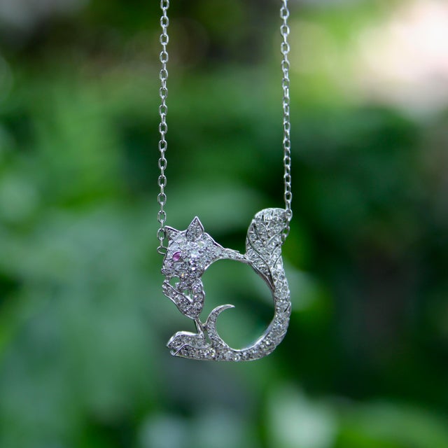 1940s Retro Platinum Encrusted Squirrel Pendant With 14k White Gold Chain For Sale - Image 9 of 9