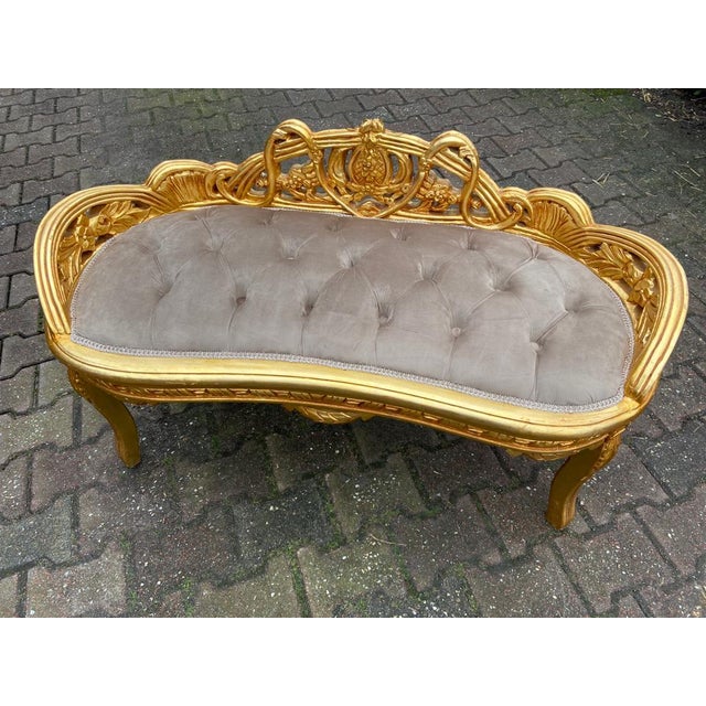 Tan Late 20th Century French Louis XVI Gold Beech Settee Tan Velvet For Sale - Image 8 of 11