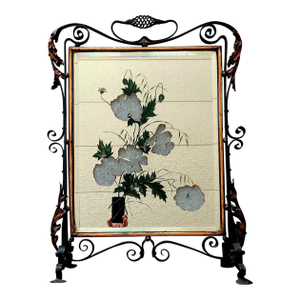 Ornate Art Nouveau Iron Fire Screen Hand Painted Mirror, Circa 1900