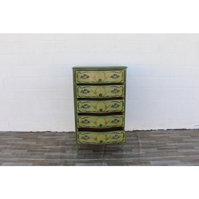 Wood 1950s French Provincial Hand-Painted Green Tall Chest of Drawers For Sale - Image 7 of 18