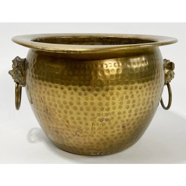 Metal Vintage Hammered Brass Planter Cachepot With Foo Dog Handles For Sale - Image 7 of 8