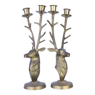 Pair of Vintage Solid Brass Deer Head Candelabras For Sale