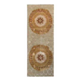 Rug & Kilim’s Aubusson Style Rug in Beige-Brown and Green Medallion Pattern For Sale