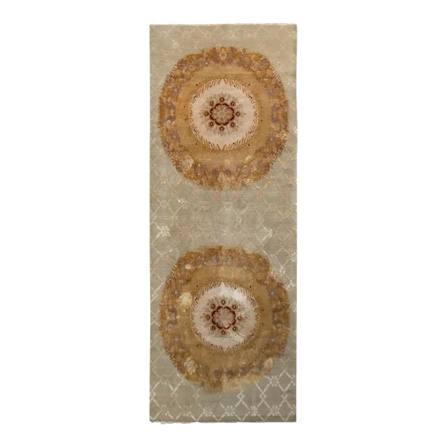 Rug & Kilim’s Aubusson Style Rug in Beige-Brown and Green Medallion Pattern For Sale