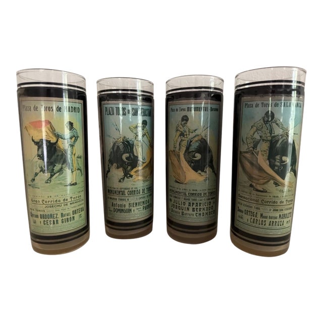 Stunning Set Of 4 Vintage Bullfighting Cocktail Glasses From Spain - Set 2 For Sale