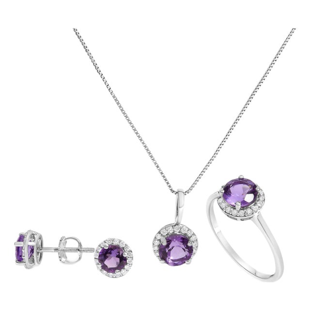 10K White Gold Purple Amethyst and 3/8 Cttw Diamond Halo Jewelry Set (Earrings, Pendant & Ring) For Sale