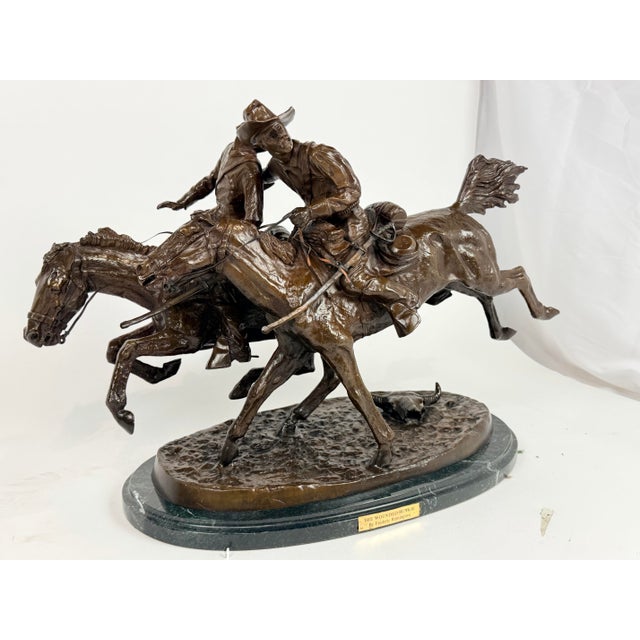 American Late 20th Century Frederic Remington “The Wounded Bunkie” Bronze Western Sculpture on Marble Base For Sale - Image 3 of 5