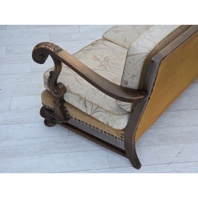 Vintage Danish Three-Seater Sofa in Furniture Fabric and Carved Oak, 1950s For Sale - Image 14 of 18