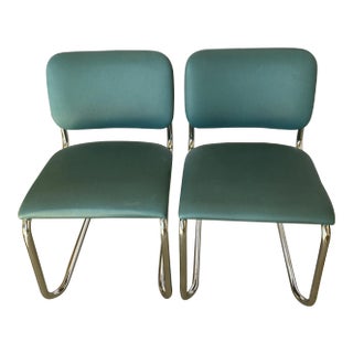 1970s Teal Cantilevered Thonet Metal Chairs With Labels- a Pair For Sale