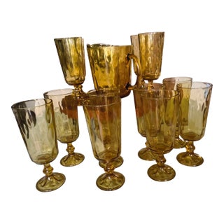 Vintage Mid-Century Amber Glass Water Pitcher & Tall Stemmed Goblets Rare 13-Piece Set For Sale