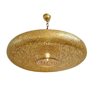 Vintage Moroccan Brass Work Pancake Pendant Light Large For Sale