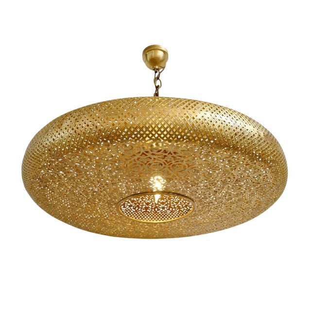 Vintage Moroccan Brass Work Pancake Pendant Light Large For Sale