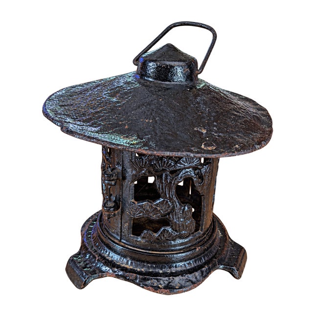 Japanese Vintage Cast Iron Pagoda Candle Lantern With Bird Motif For Sale - Image 3 of 10