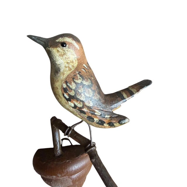 A folk-art bird from Austria — a hand-carved wooden wren — 5" x 5.25" x 2", vintage from the 1930s. Charming Alpine folk...