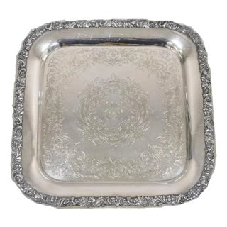 Vintage English Victorian Sliver Plated Square Platter Tray With Monogram For Sale