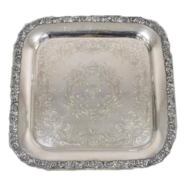 Vintage English Victorian Sliver Plated Square Platter Tray With Monogram For Sale
