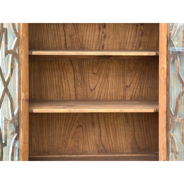 Sky Blue Distressed Shabby Chic Pastel Blue Latticework Glass Door China Bookcase Cabinet For Sale - Image 8 of 10
