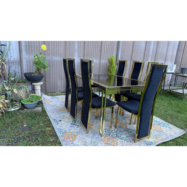 1970s Hollywood Regency Smoked Glass Dining Room Table and Chairs For Sale - Image 4 of 12