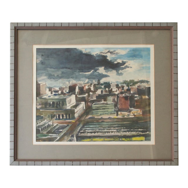 Vintage Cityscape Watercolor Painting For Sale