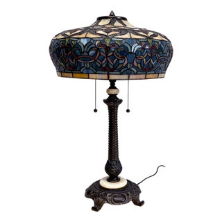 Large Tiffany Style Table Lamp in Stained Glass with Floral Shade For Sale