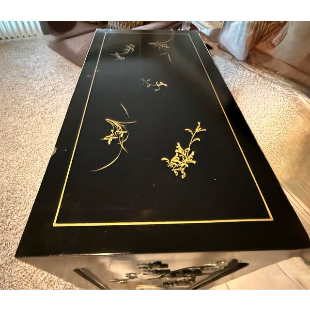 Vintage Chinese Black Lacquer Cabinet With Mother-of-Pearl Figures For Sale - Image 4 of 11