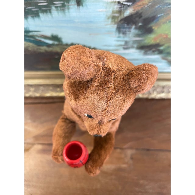 Vintage Plush Mechanical Bear With Red Barrel, Mid-20th Century Toy For Sale - Image 9 of 10