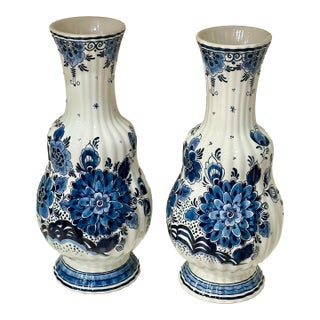 Pair of Royal Goedewaagen Pair of Delft Blue & White Hand-Painted Porcelain Vases for Baker Knapp & Tubbs For Sale