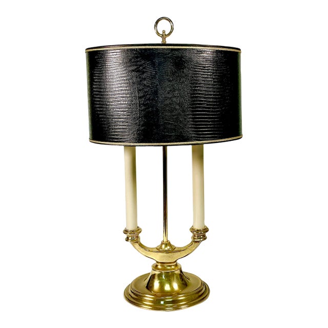 Mid-Century French Regency Neoclassical Bouilette Table Lamp & Reptile Embossed Black Shade For Sale