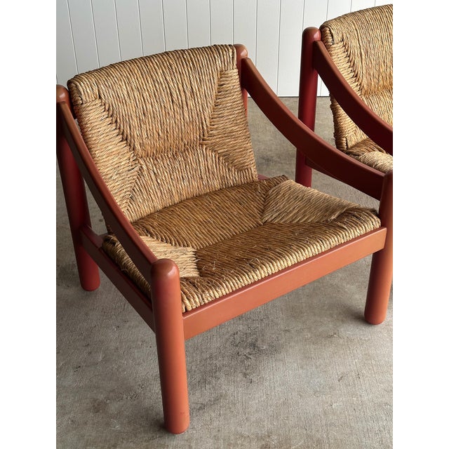 Vico Magistretti Pair of Vintage Red Lacquered Rush Lounge Chairs, Attributed to Vico Magistretti For Sale - Image 4 of 18
