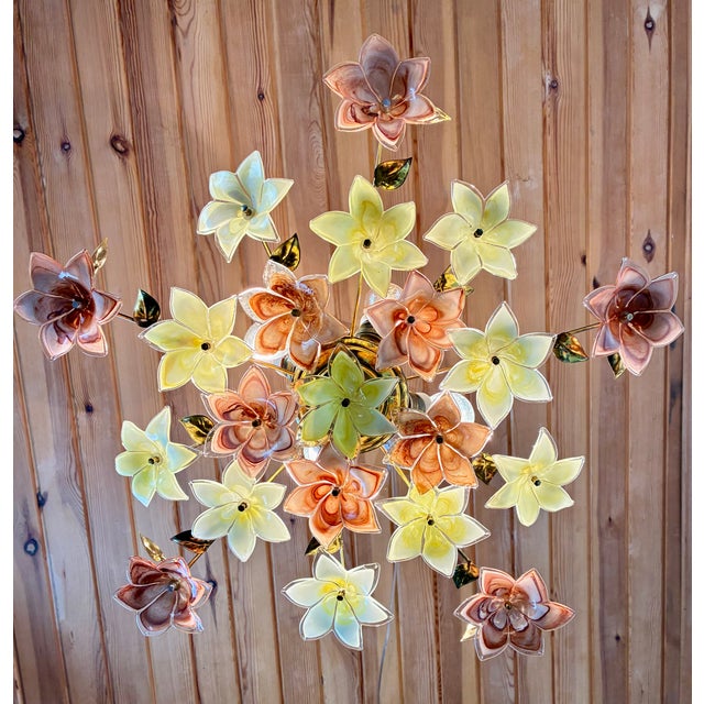 1980s Italian Floral Glass Flush Mount With 21 Yellow & Brown Murano Style Flowers For Sale - Image 15 of 18