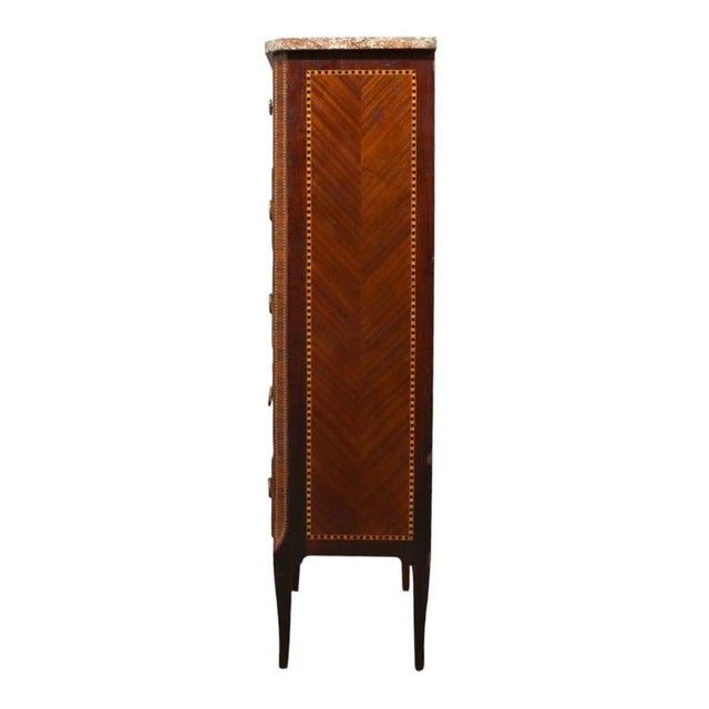 French Louis XVI Style Mahogany, Rouge Marble & Ormolu Inlaid 5-Drawer Lingerie Chest For Sale - Image 3 of 15