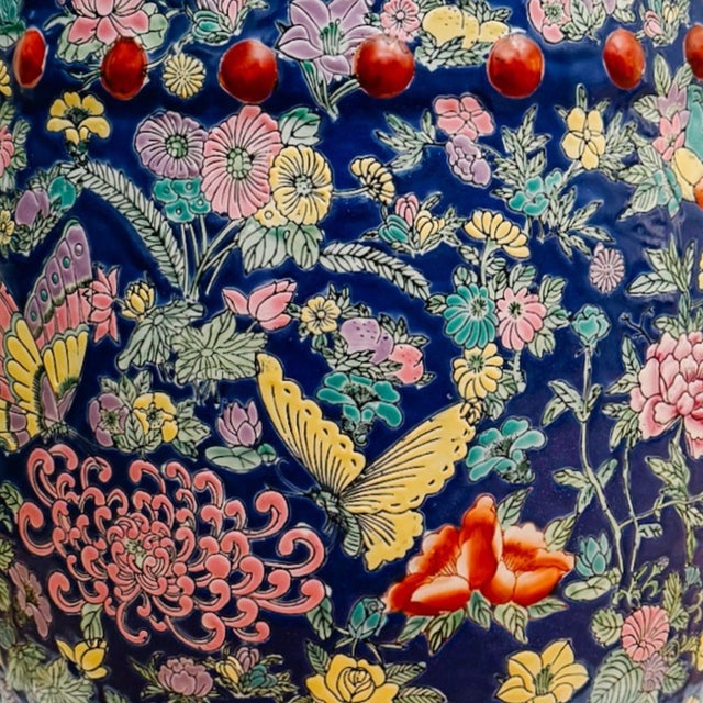 Ceramic Mid 20th Century Chinese Famille Rose Cobalt Blue Millefleurs & Butterfly Porcelain Garden Stool For Sale - Image 7 of 10