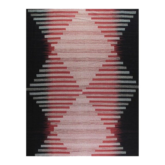 10x14 Black Flat Weave Wool Hourglass Motif Geometric Modern Carpet Rug For Sale