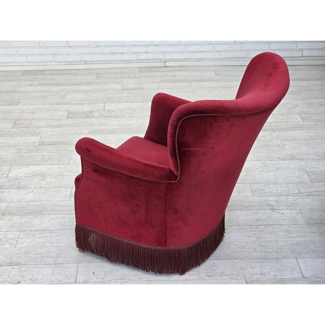 Vintage Danish Lounge Chair in Cherry-Red Furniture Velour and Oak, 1960s For Sale - Image 11 of 16