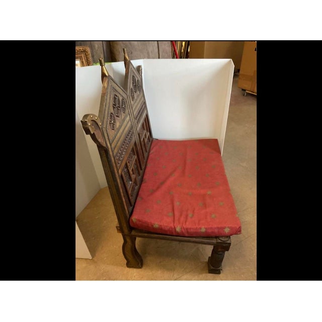 Indian Antique Indian Hand Carved Bronze-Inlaid Wooden Low Pidda Chair For Sale - Image 3 of 9