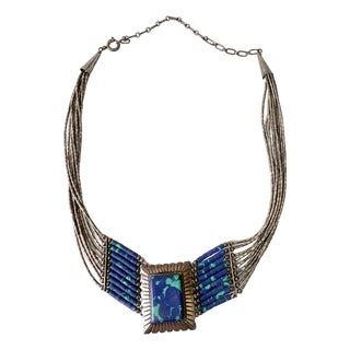 Vintage Native American Multi-Strand Liquid Silver Necklace, Azurite-Malachite Pendant For Sale