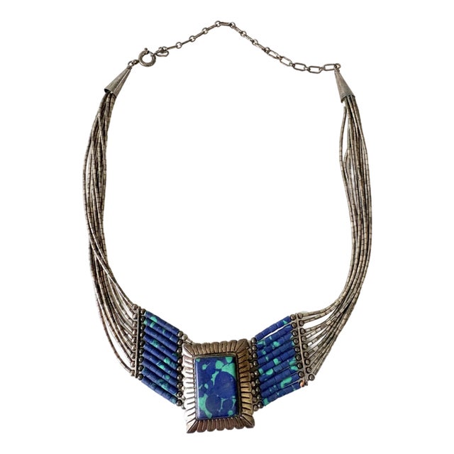 Vintage Native American Multi-Strand Liquid Silver Necklace, Azurite-Malachite Pendant For Sale