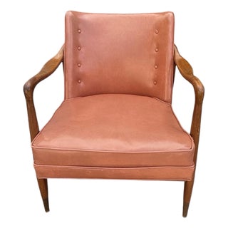 Restored Vintage Mid-Century Modern Sculptural Solid Wood Lounge Chair With Tufted Vinyl Upholstery For Sale