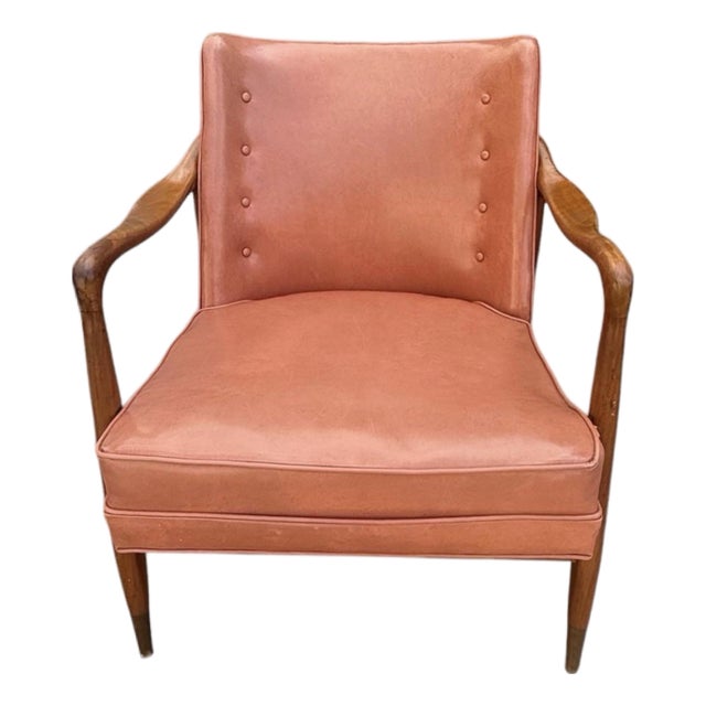 Restored Vintage Mid-Century Modern Sculptural Solid Wood Lounge Chair With Tufted Vinyl Upholstery For Sale