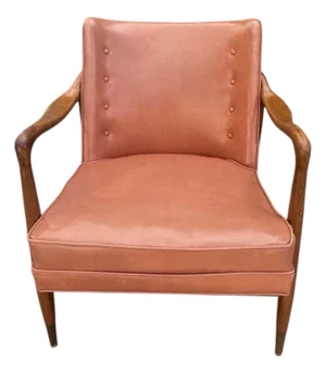 Restored Vintage Mid-Century Modern Sculptural Solid Wood Lounge Chair With Tufted Vinyl Upholstery