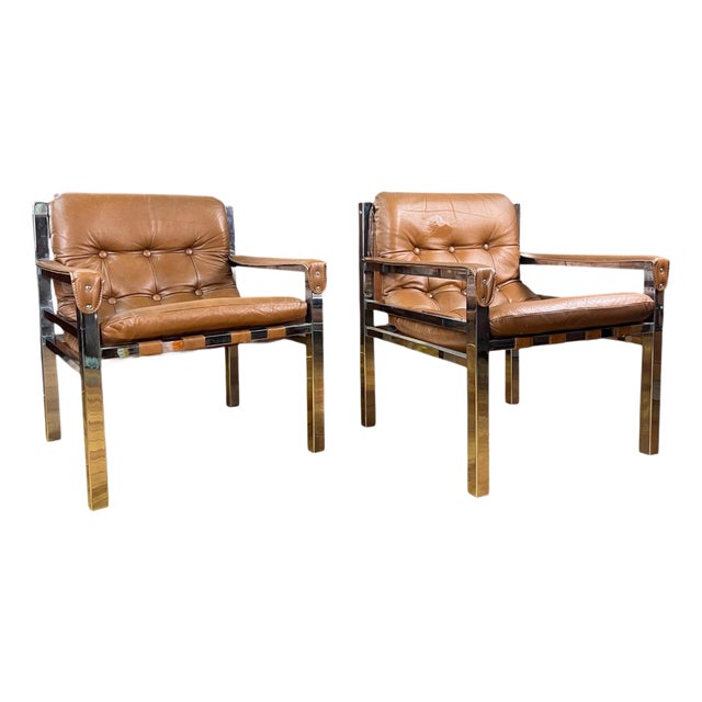 Mid-Century Modern Chrome and Leather Safari Lounge Chairs - A Pair For Sale
