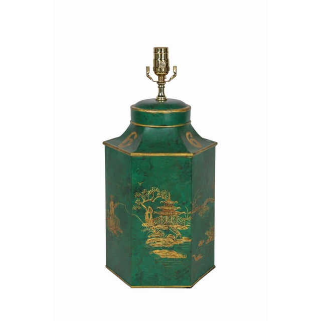 Vintage English Export Chinoiserie Hexagonal Tea Caddy Hand-Painted Landscape Table Lamp For Sale In New York - Image 6 of 6