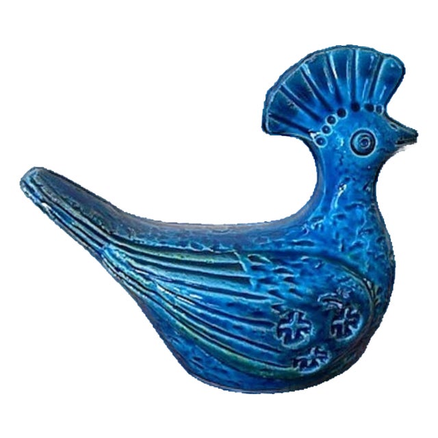 Mid 20th Century Italian Bitossi Rimini Cerulean Blue Pottery Bird Figurine For Sale