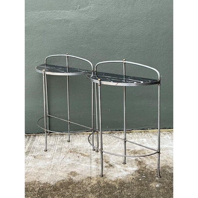 Metal Vintage Demi-Lune Marble Top Tables - Set of 2 For Sale - Image 7 of 12