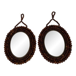 Mid Century Oval Wooden Beaded Mirrors - a Pair For Sale