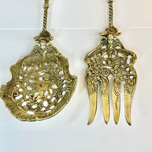 Rococo 1940s Vintage Italian Baroque Rocco Brass Serving Utensils, Fork and Spoon - Set of 2 For Sale - Image 3 of 9