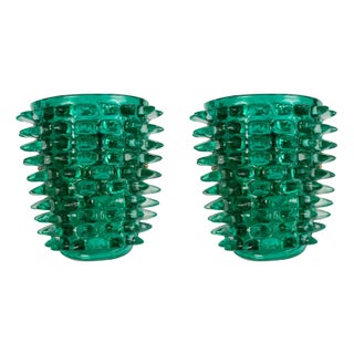 Large Green Murano Glass Wall Lamps with Spikes and Gold Finish Frames, 1990s, Set of 2 For Sale