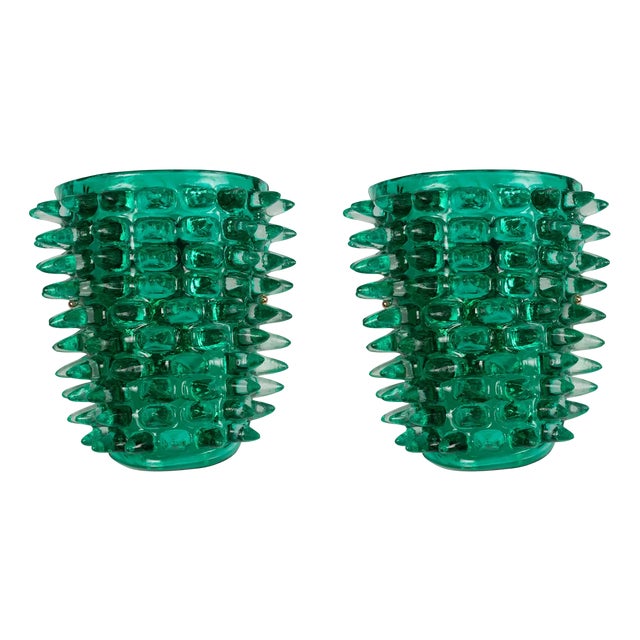 Large Green Murano Glass Wall Lamps with Spikes and Gold Finish Frames, 1990s, Set of 2 For Sale