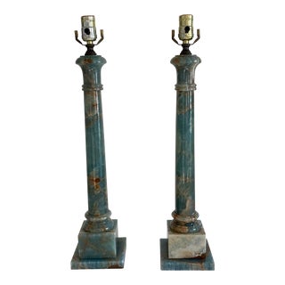 Neoclassical Marble Column Lamps in Green Rust Dark Brown Tan Cream Handcrafted Marble Column Lamps, 20th Century – a Pair For Sale