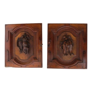 Cabinet Doors Carved Black Forest Walnut Re-Purpose Architectural Fish Boar Bird Plaques (C) - a Pair For Sale